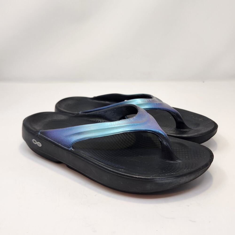 OOFos OOlala Luxe Recovery Sandal Women Size 8 Atlantis Blue Shimmer Comfort